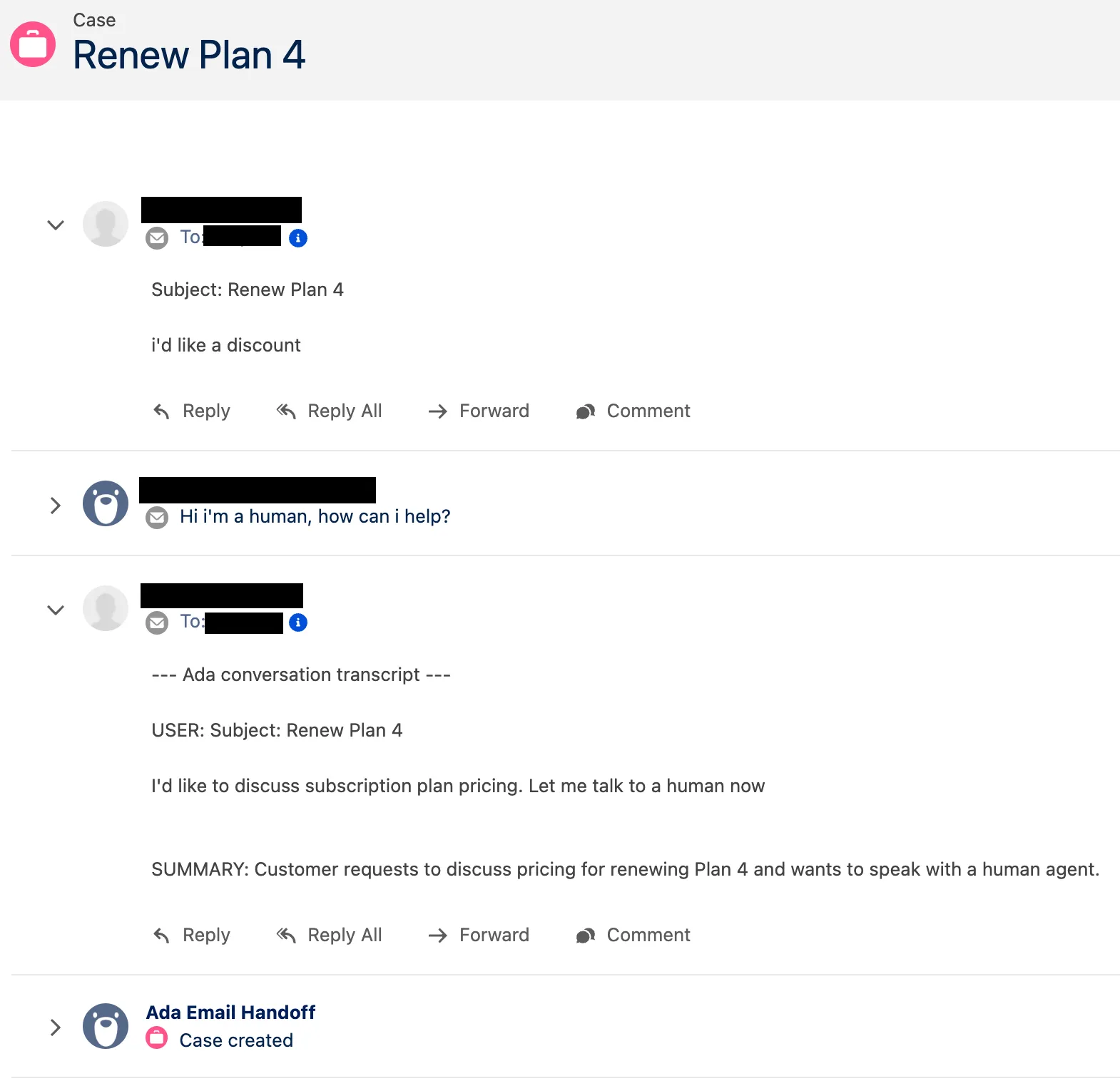 Case feed with the transcript email and replies