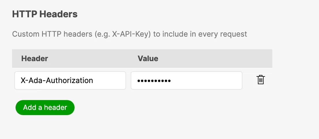 A custom X-Ada-Authorization header configured on a Gladly webhook