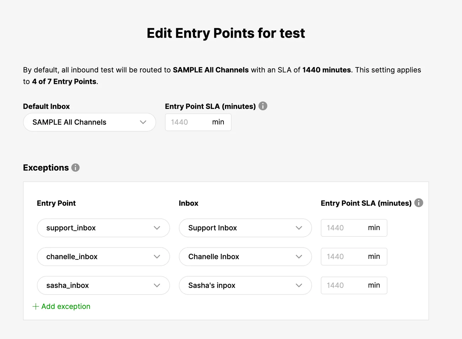 Entry point to inbox routing exceptions in Gladly