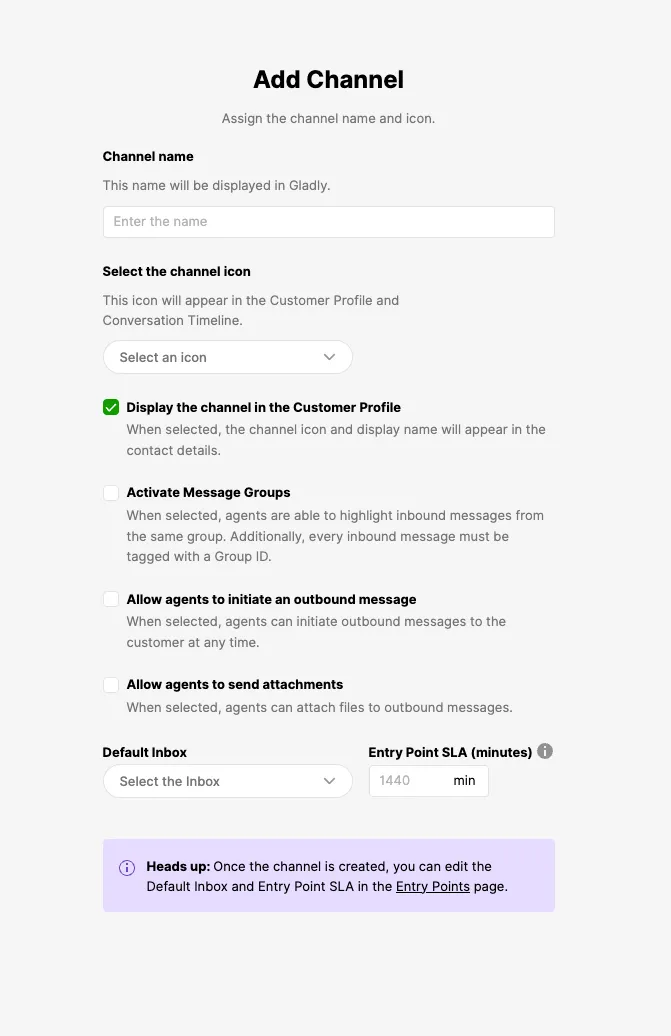 The Add Channel form in Gladly with channel name, options, and default inbox
