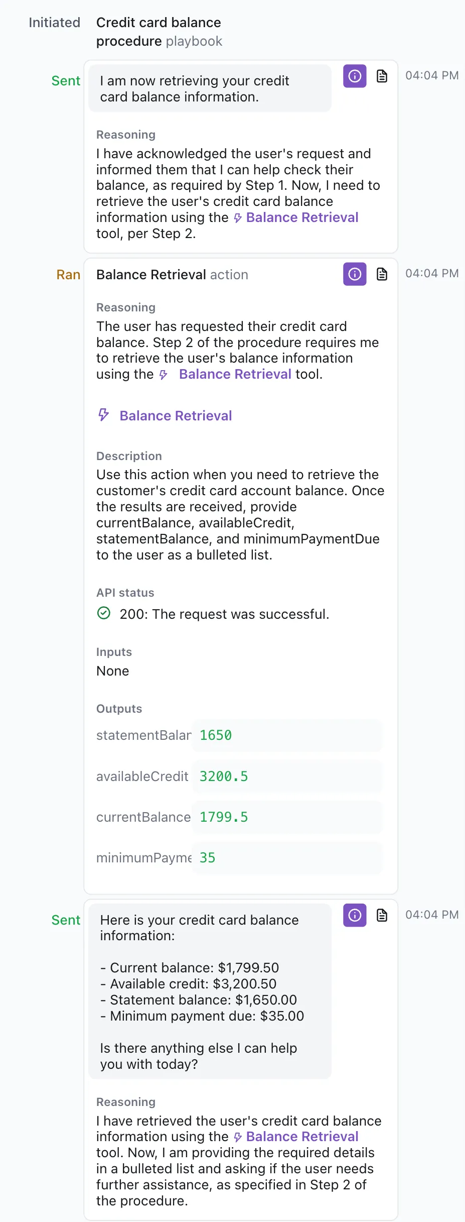 Playbook step reasoning shown in the conversation view