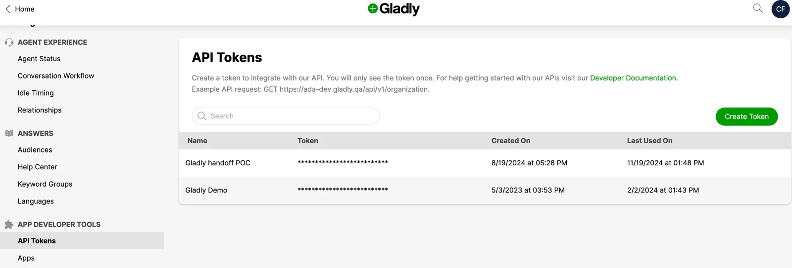 The API Tokens page in Gladly with a Create Token button