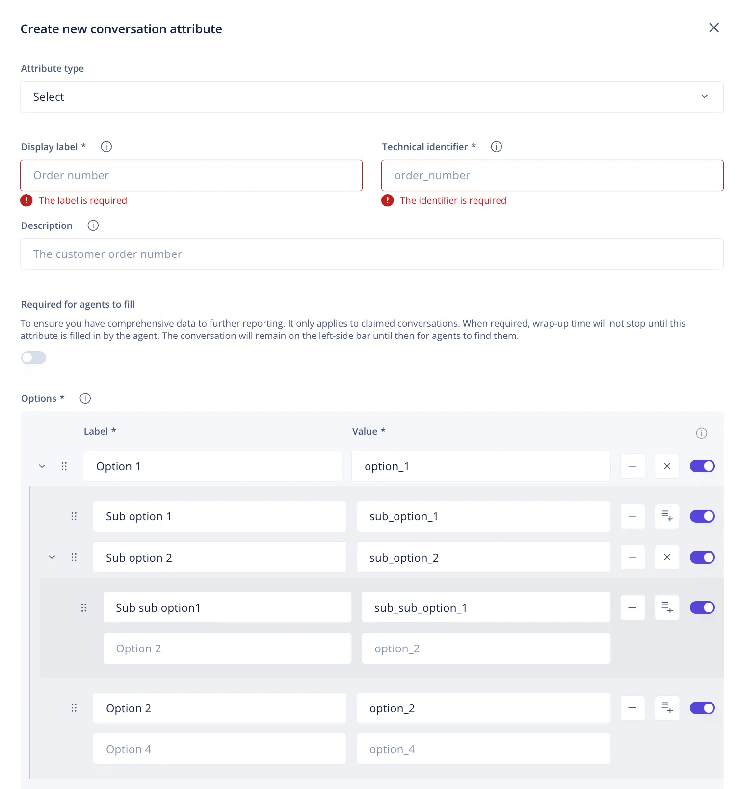 Creating a Select type custom attribute in Dixa with nested options