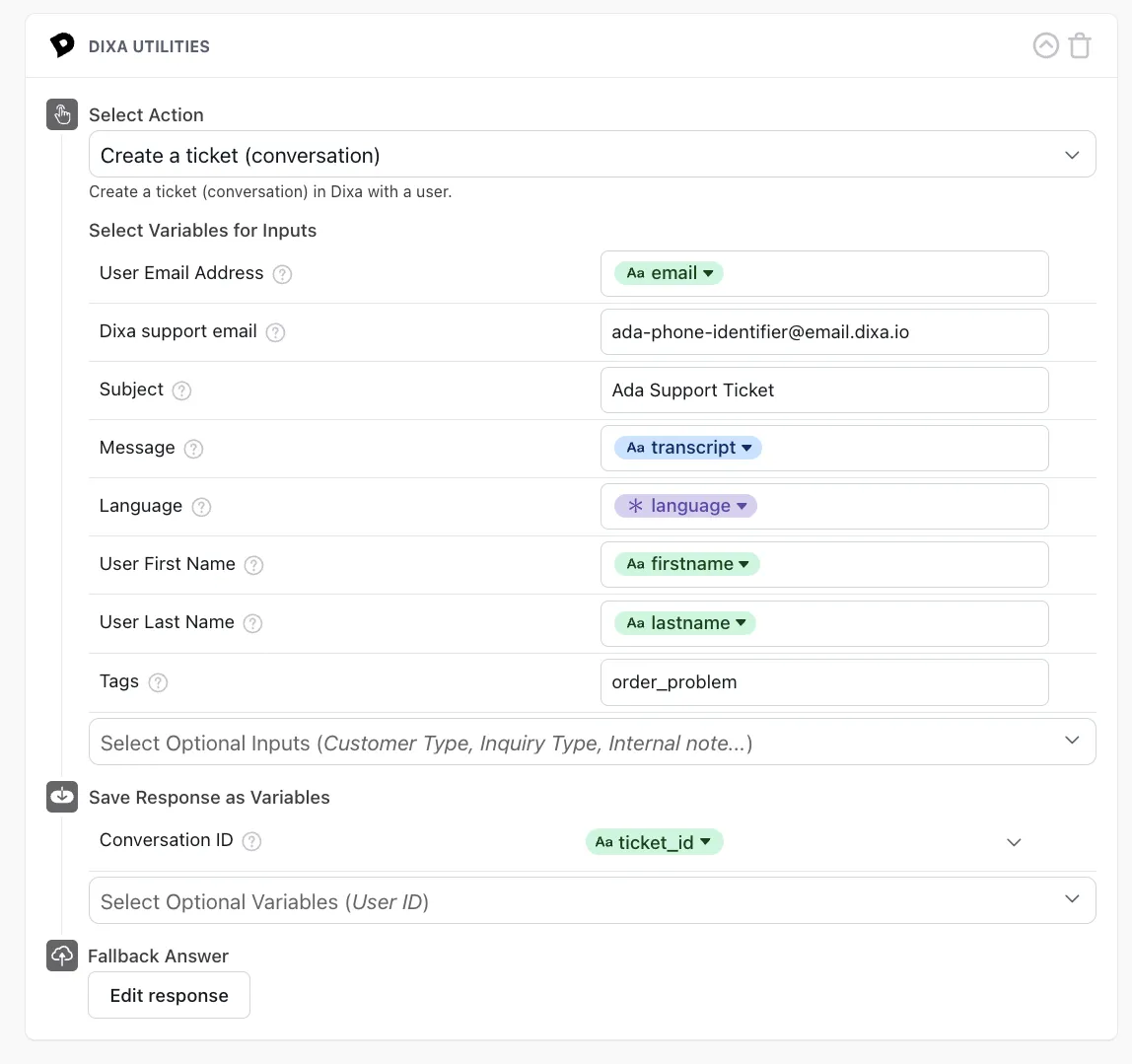 The Create a ticket (conversation) action with its inputs