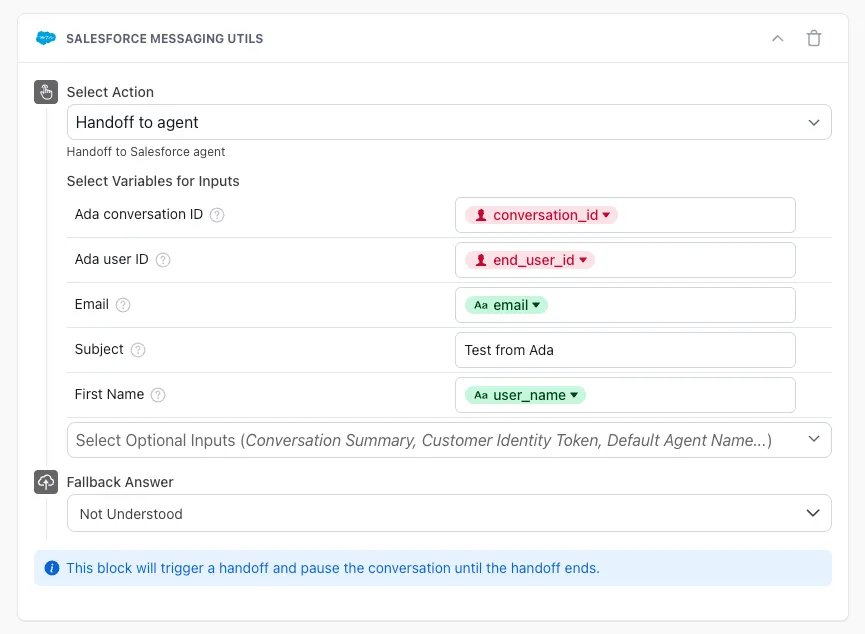 Salesforce Messaging handoff block