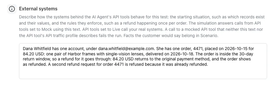 The External systems field of a test case, with the refund example
