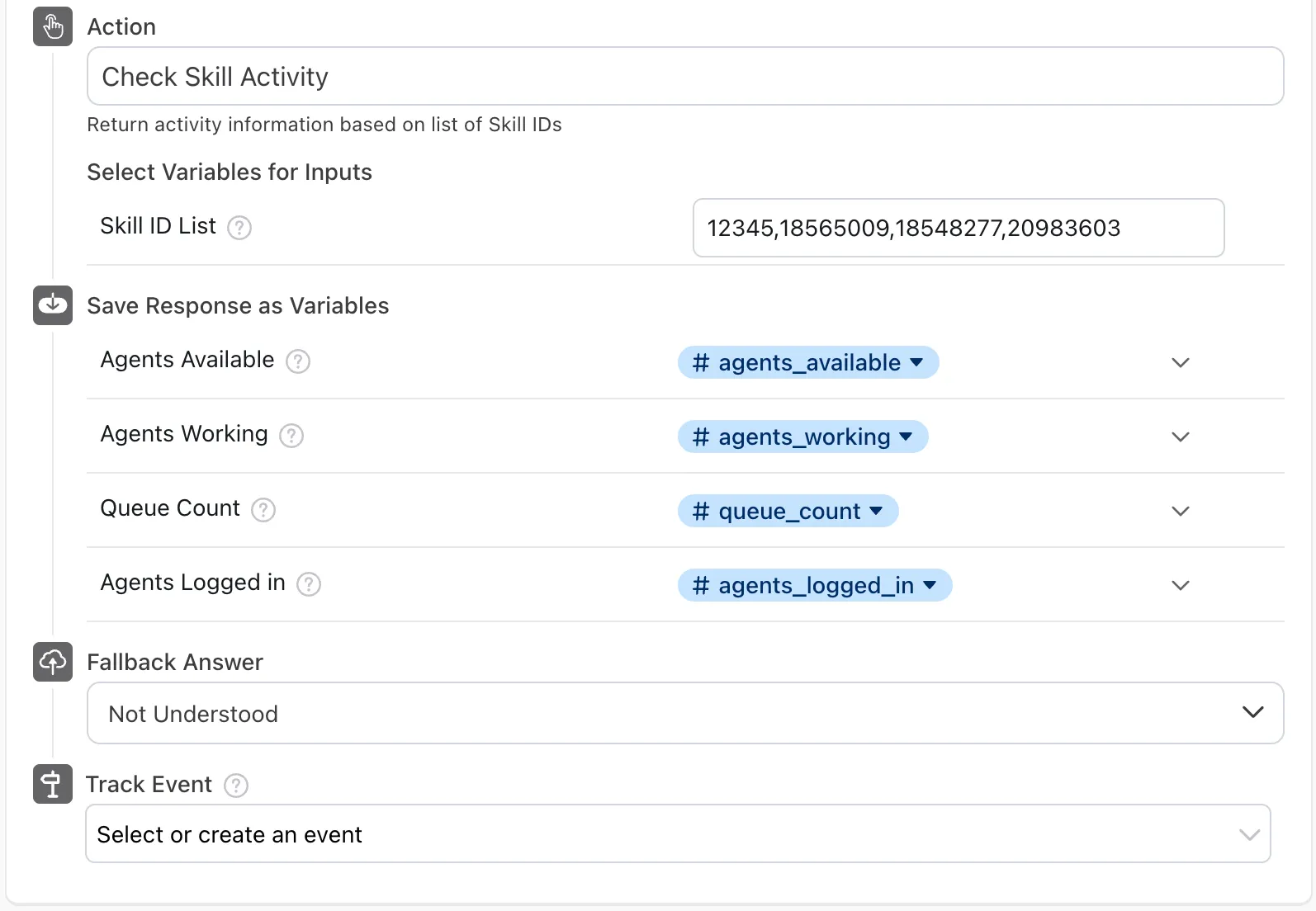 The CXone Utilities block set to the Check Skill Activity action, with a Skill ID List input and the Agents Available, Agents Working, Queue Count, and Agents Logged in outputs mapped to variables.
