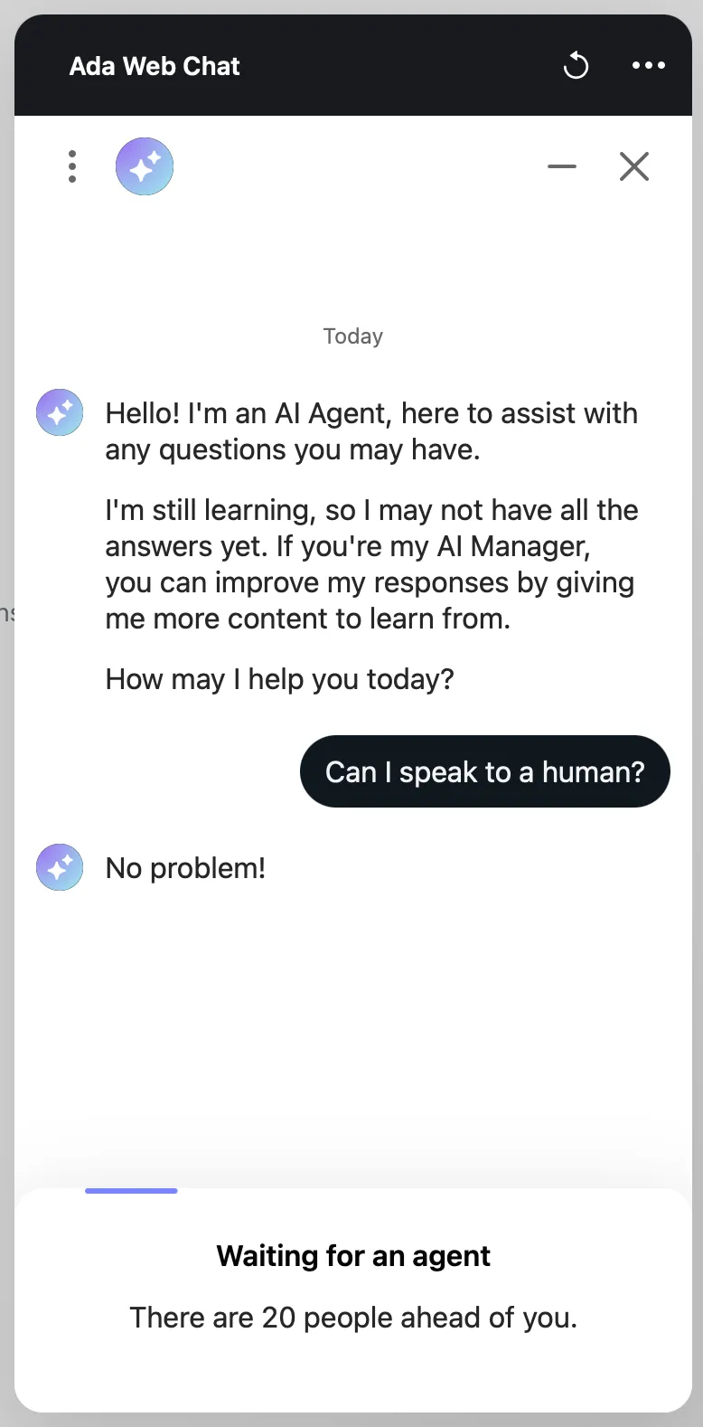 Chat widget showing a Waiting for an agent banner with the text There are 20 people ahead of you