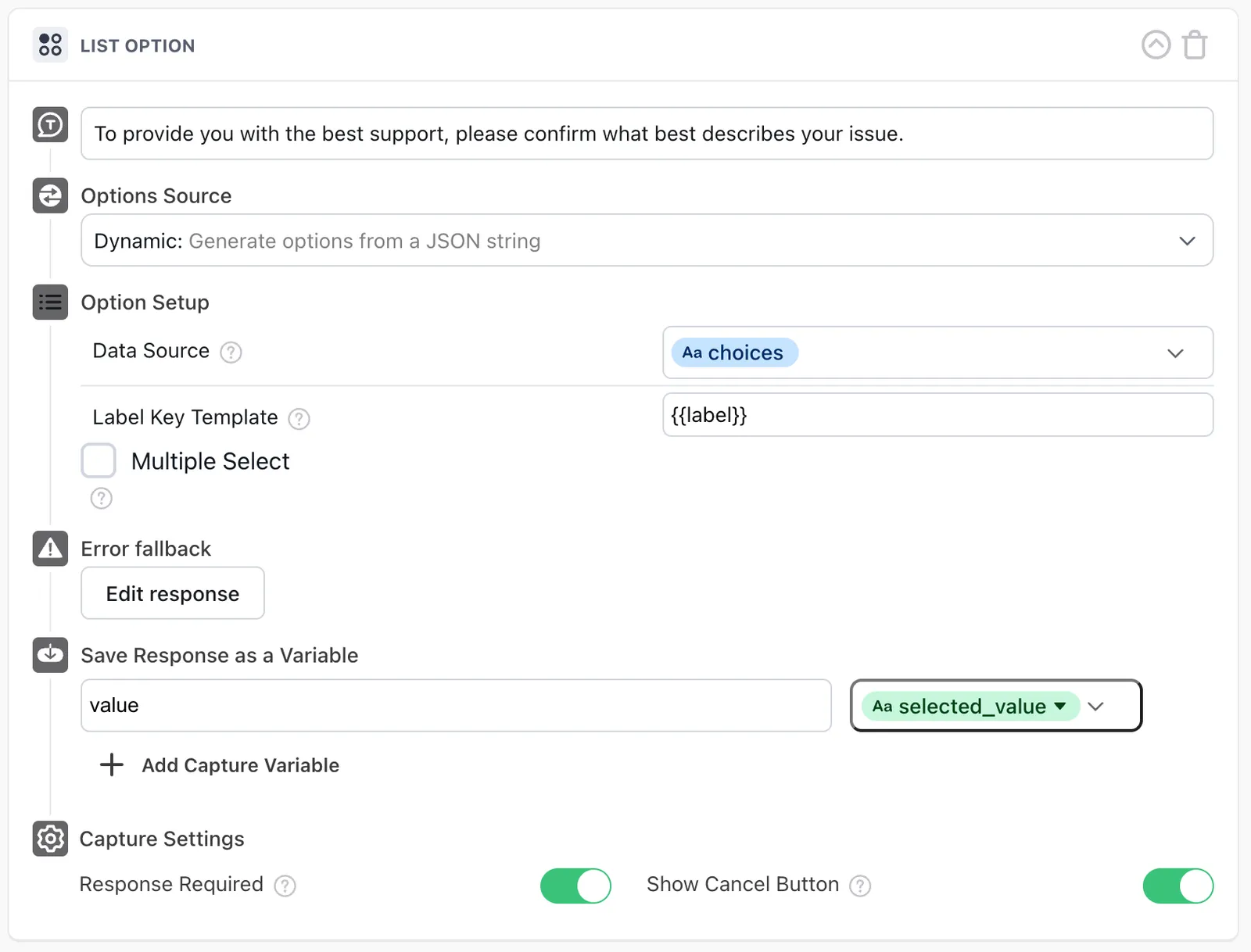 A Dynamic List Option block configured with the returned choices