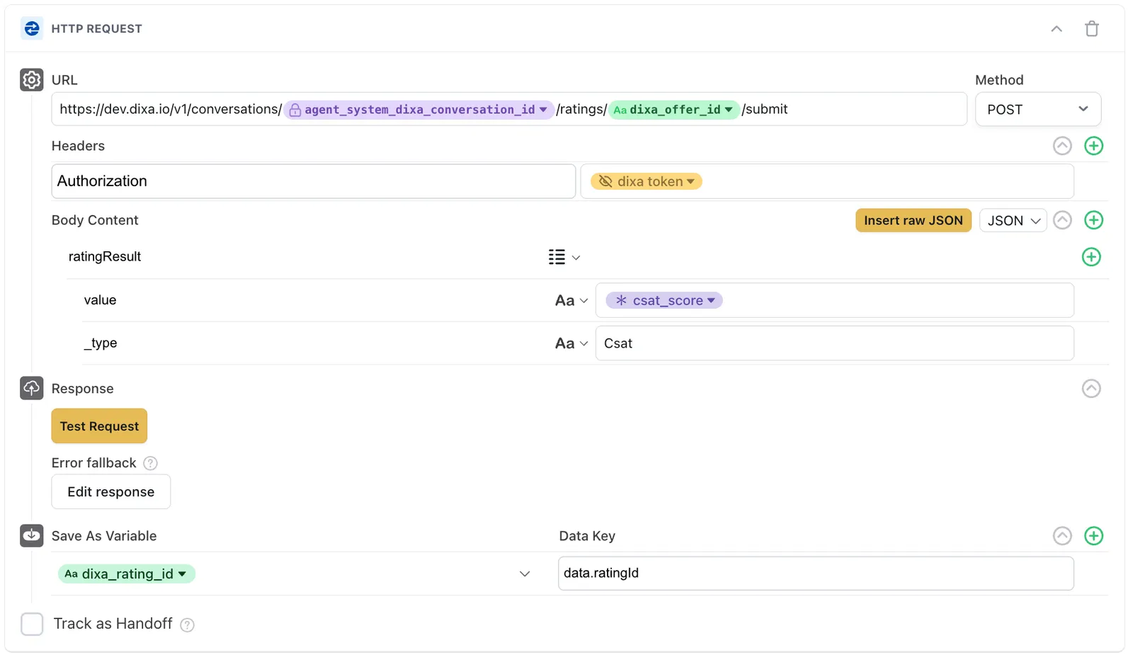 The second HTTP Request block posting to the Dixa ratings submit endpoint