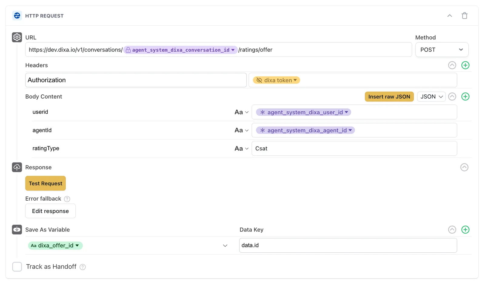 The first HTTP Request block posting to the Dixa ratings offer endpoint
