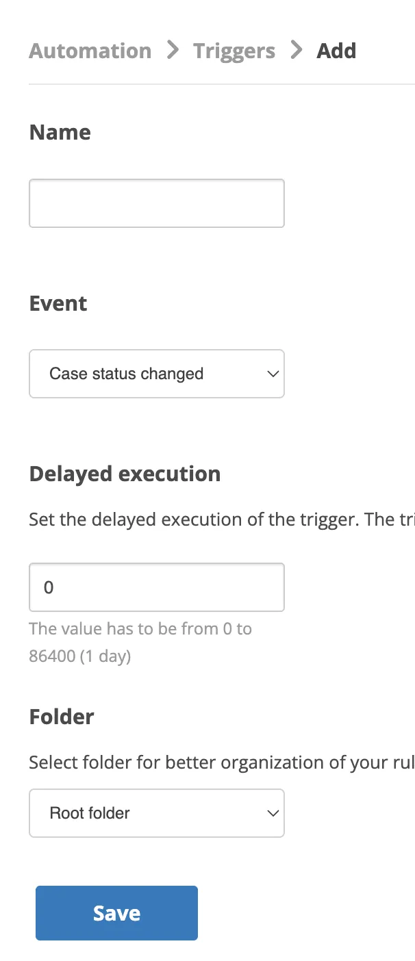 The CXone Add trigger form with the Event dropdown set to Case status changed.