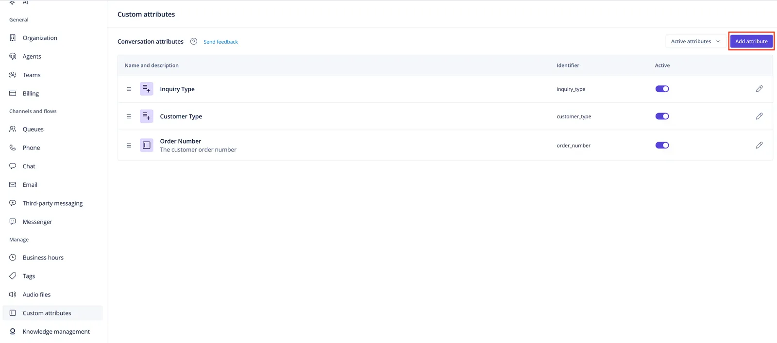 The Custom attributes page in Dixa with the Add attribute button highlighted