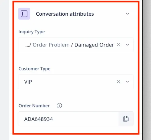 Custom attributes displayed in the right sidebar of a Dixa conversation