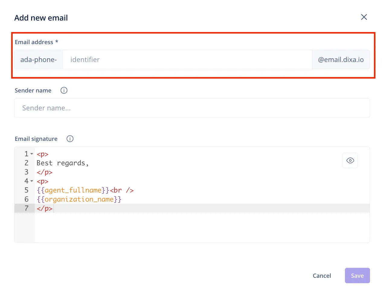 The Add new email dialog in Dixa with the identifier field highlighted