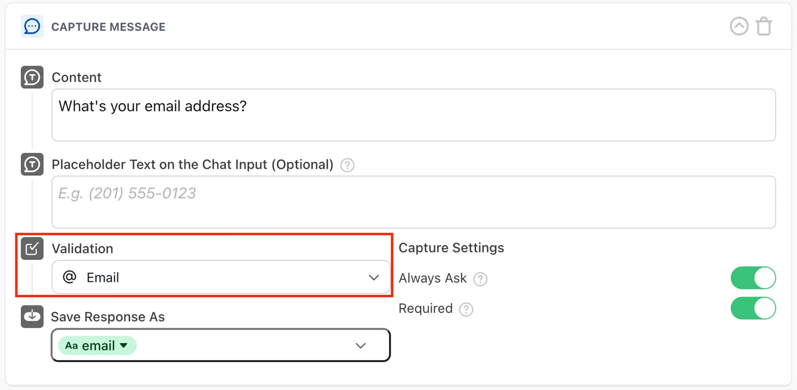 A capture block configured with Email validation