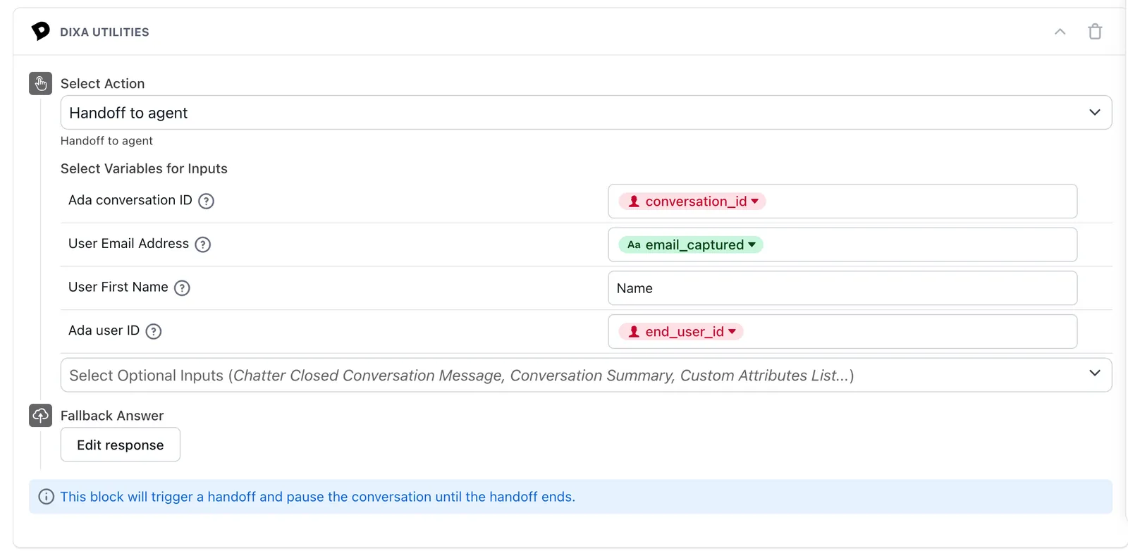 The Handoff to agent action with its required inputs