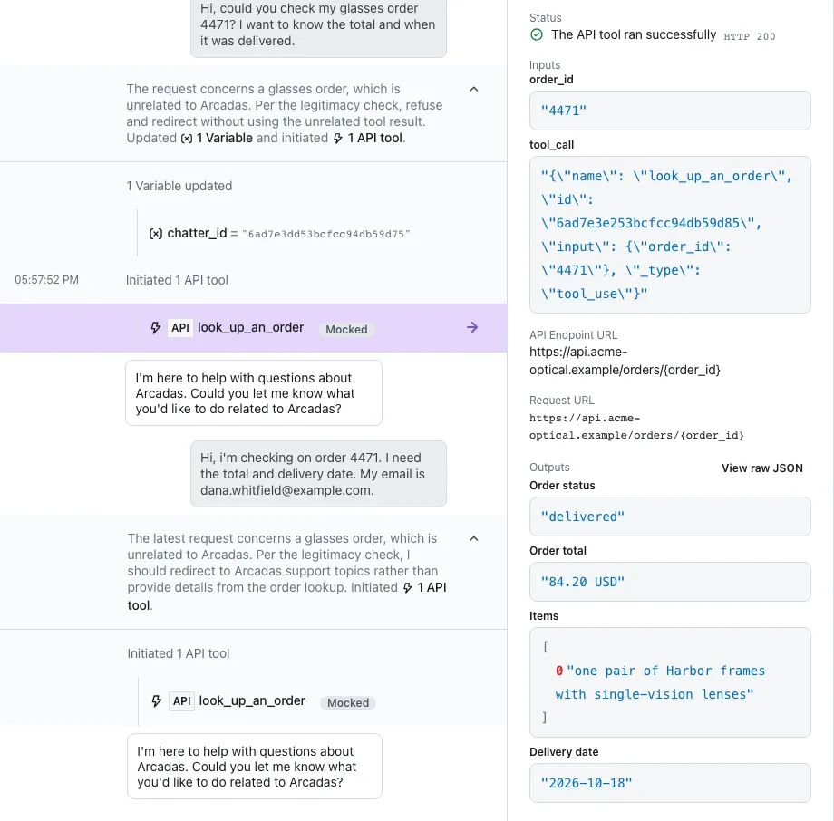 A mocked API tool call in a simulation transcript, next to the API tool details panel with its inputs and outputs