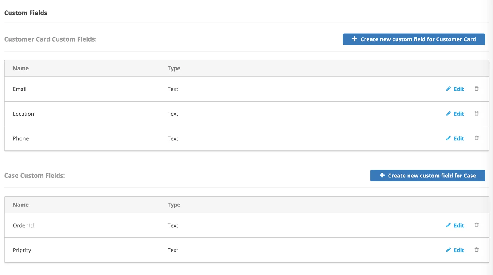 The CXone Custom Fields page, showing separate Customer Card Custom Fields and Case Custom Fields tables with field names and types.