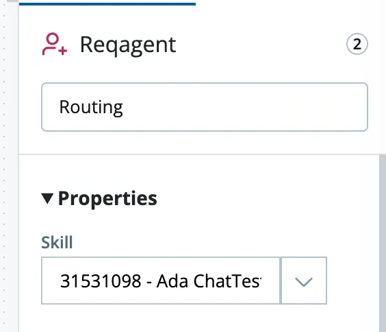 The Properties panel of a Reqagent action in CXone Studio, with a Skill dropdown selecting the skill that receives escalated conversations.