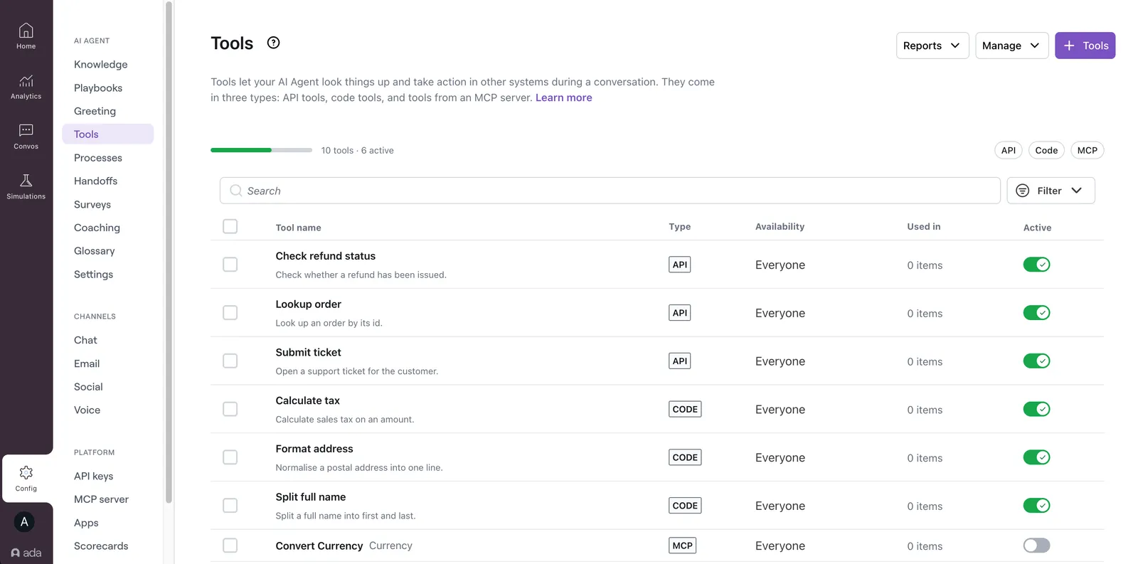 The Tools page, showing API, Code, and MCP tools together