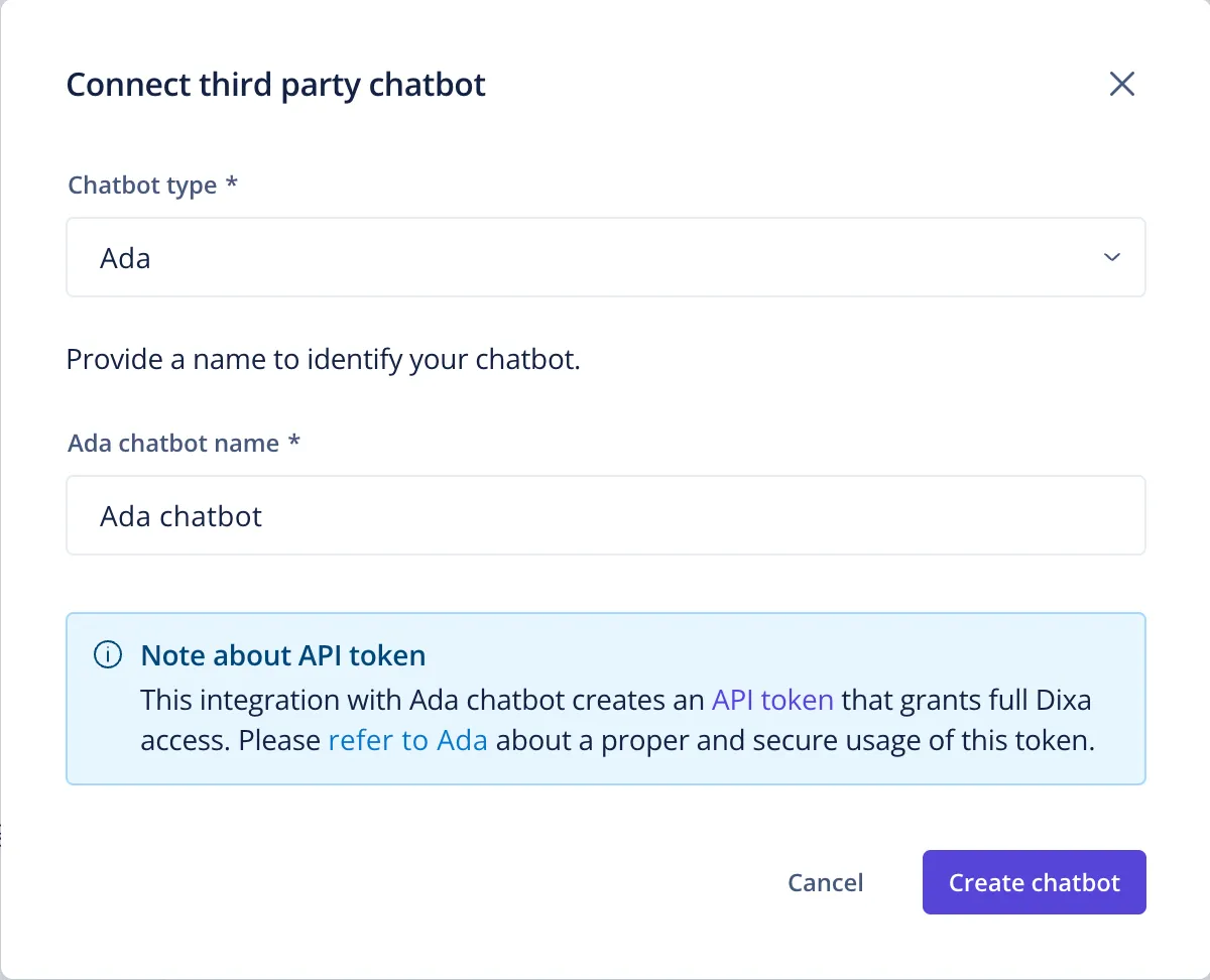The Connect third party chatbot dialog in Dixa with Ada selected as the chatbot type