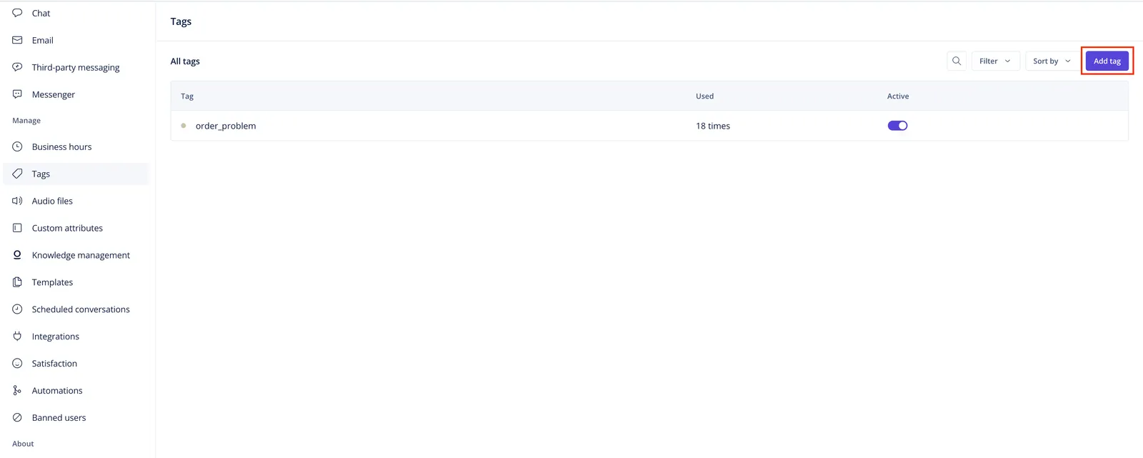 The Tags page in Dixa with the Add tag button highlighted