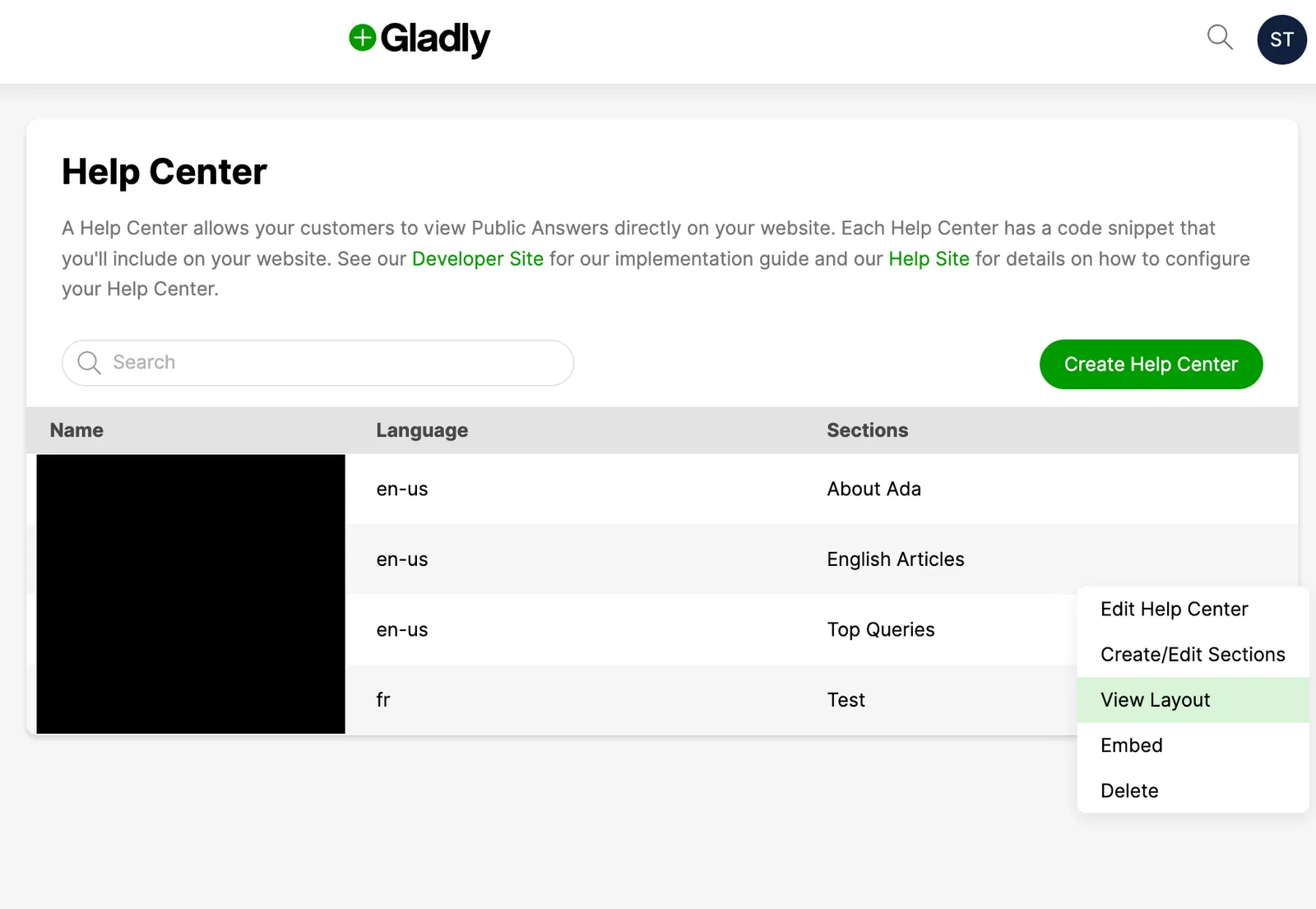 The Help Center list in Gladly with the View Layout option selected