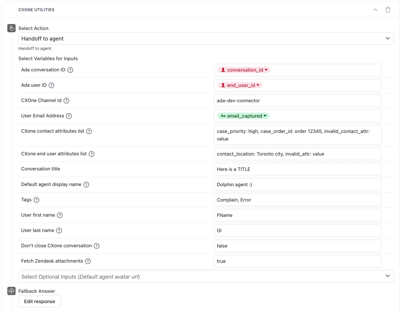 The CXone Utilities block configured with the Handoff to agent action, showing the Ada conversation ID, Ada user ID, channel, email, attribute list, title, tags, and name inputs.