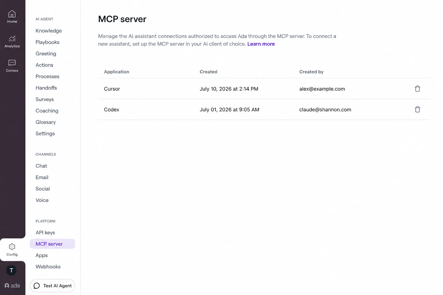 The MCP Server page listing authorized AI assistant connections, each with its application name, creation date and time, and the email of the person who authorized it.