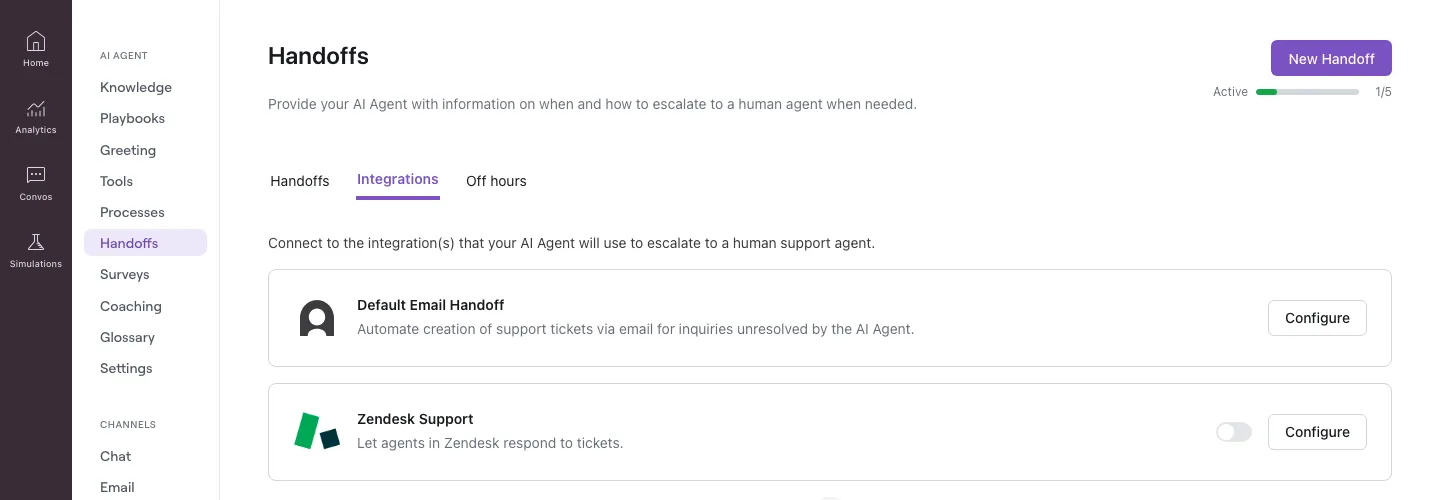 The Handoffs page, Integrations tab, with a Zendesk Support card that is disabled