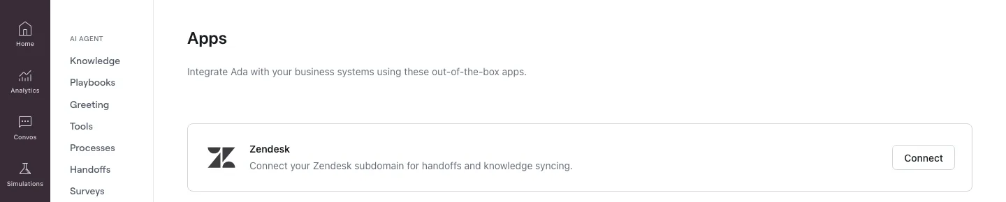 The Apps page with a Zendesk card and its Connect button