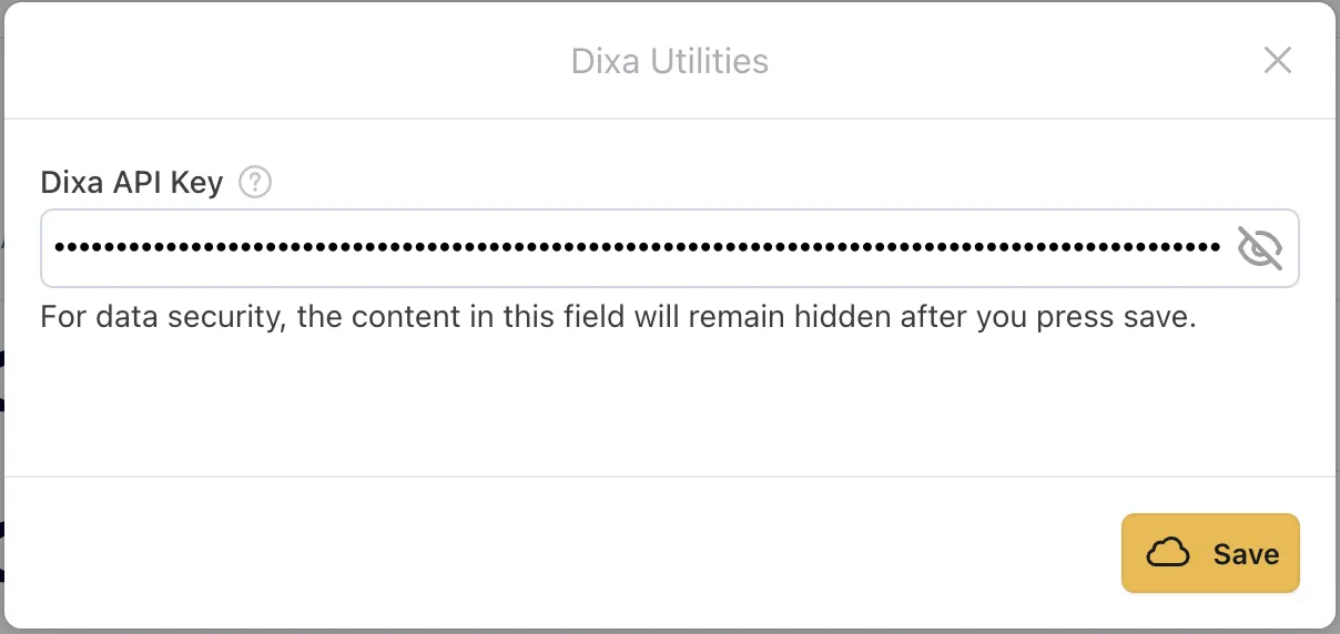 The Dixa Utilities connect dialog with the Dixa API Key field