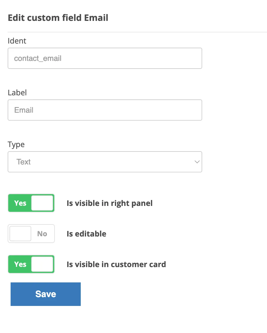 The CXone Edit custom field form, showing the Ident and Label fields along with visibility and editability toggles.