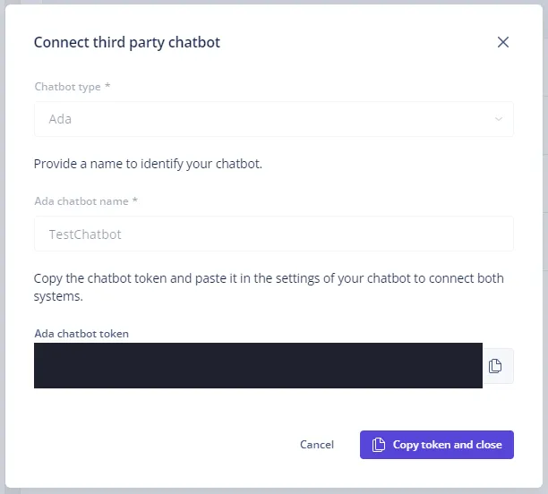 The Dixa dialog showing the generated Ada chatbot token, ready to copy
