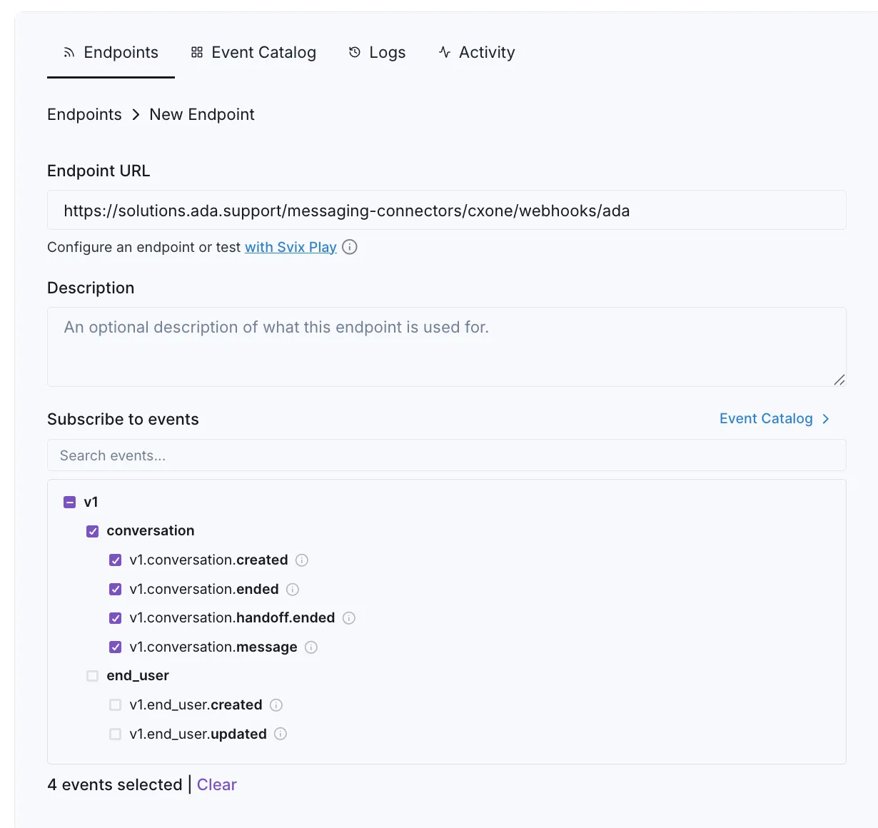 The Ada New Endpoint form, with the CXone webhook URL entered and four conversation events selected under Subscribe to events.